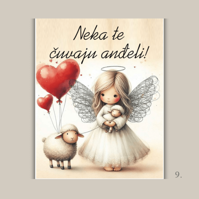 Magnet s ilustracijom anđela i porukom "Neka te čuvaju anđeli" – poklon za krštenje, rođenje i duhovnu zaštitu