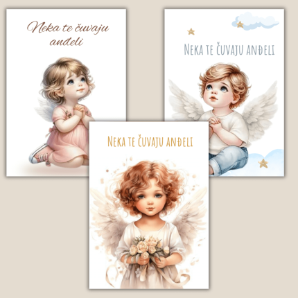 Magnet s ilustracijom anđela i porukom "Neka te čuvaju anđeli" – poklon za krštenje, rođenje i duhovnu zaštitu