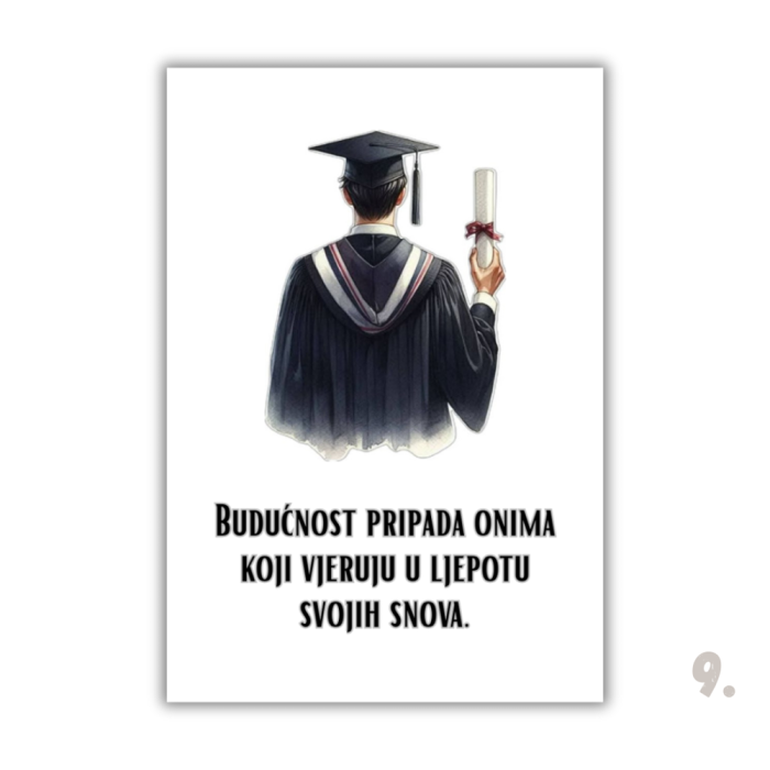 Motivacijski magnet za diplomiranje – ilustracija diplomanta u svečanoj odjeći, simbol uspjeha i novog početka