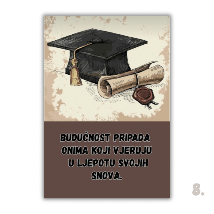Motivacijski magnet za diplomiranje – ilustracija diplomanta u svečanoj odjeći, simbol uspjeha i novog početka