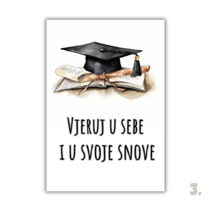 Motivacijski magnet za diplomiranje – ilustracija diplomanta u svečanoj odjeći, simbol uspjeha i novog početka