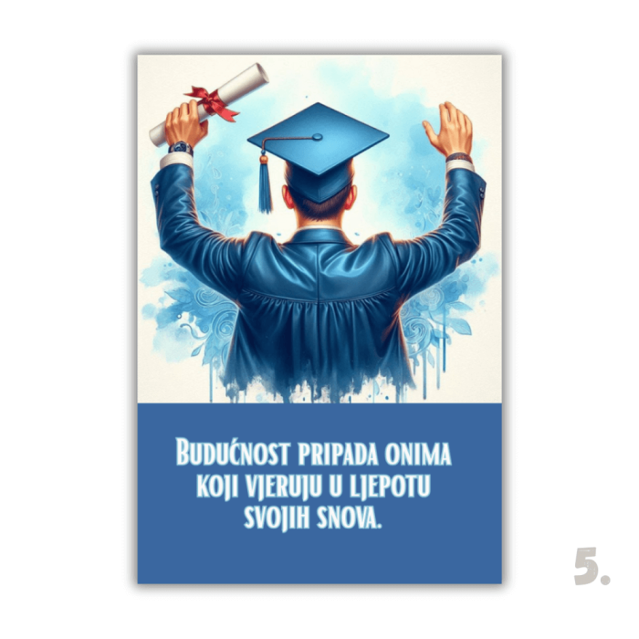 Motivacijski magnet za diplomiranje – ilustracija diplomanta u svečanoj odjeći, simbol uspjeha i novog početka