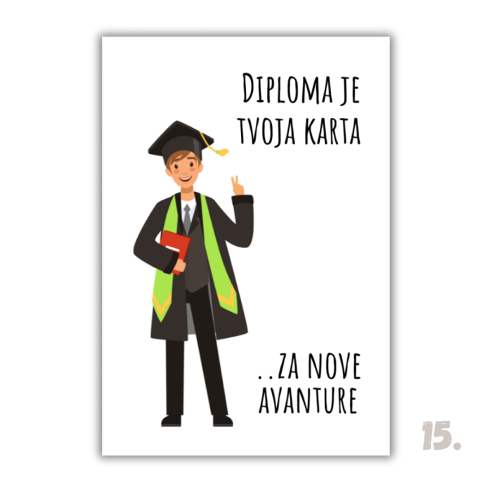 Motivacijski magnet za diplomiranje – ilustracija diplomanta u svečanoj odjeći, simbol uspjeha i novog početka