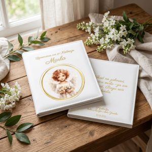 Personalizirani foto album za krštenje s motivom anđela i imenom djeteta.