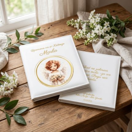 Personalizirani foto album za krštenje s motivom anđela i imenom djeteta.