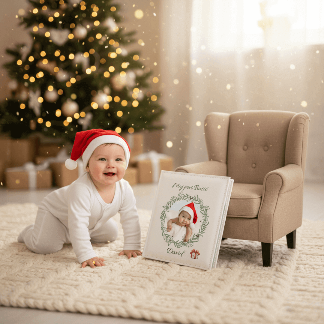 božićni fotoalbum za bebe – personalizirani album s natpisom Moj prvi Božić i imenom djeteta, idealan poklon za bebu