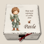 Božićna kutija uspomena za dječaka s anđelom i borom – ime Pavle, tekst “Moje male uspomene za velike dane”, ručni rad.
