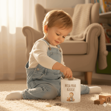 Dječak stavlja novčiće u personaliziranu kasicu s natpisom “Moja prva kasica” – ručno izrađen poklon za dijete iz radionice Poklon Dobra Ideja.