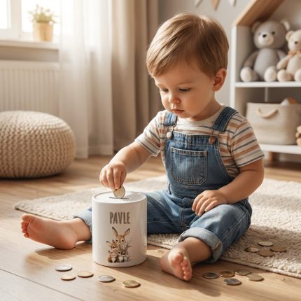Dječak stavlja novčiće u personaliziranu kasicu s natpisom “Moja prva kasica” – ručno izrađen poklon za dijete iz radionice Poklon Dobra Ideja.