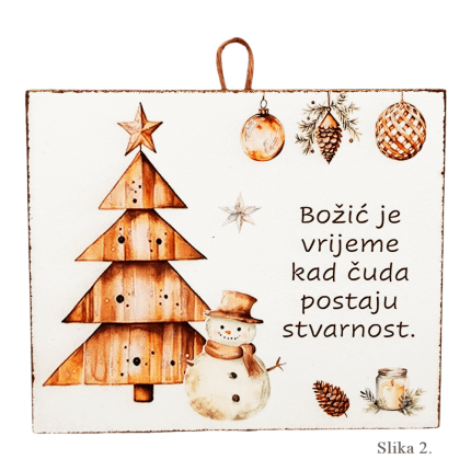 Božićna drvena slika s motivom ljestvi, zvijezda i porukom “Božićna čarolija je u zajedništvu i ljubavi”