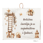 Božićna drvena slika s motivom ljestvi, zvijezda i porukom “Božićna čarolija je u zajedništvu i ljubavi”
