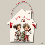 Božićna kućica s djevojčicom i borom – poruka „Sretan Božić“