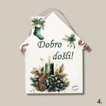 Božićna kućica s natpisom „Dobro došli“ i zelenim svijećnjakom