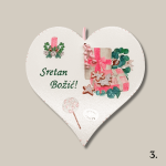 Božićno drveno srce s motivom darova, keksića i porukom “Sretan Božić”