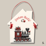 Božićna kućica s crvenim vlakom i božićnim kuglicama