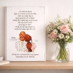 Personalizirana slika za kumu s rukom pisanim tekstom, postavljena na drvenu policu uz vazu s cvijećem – uspomena na svetu krizmu.