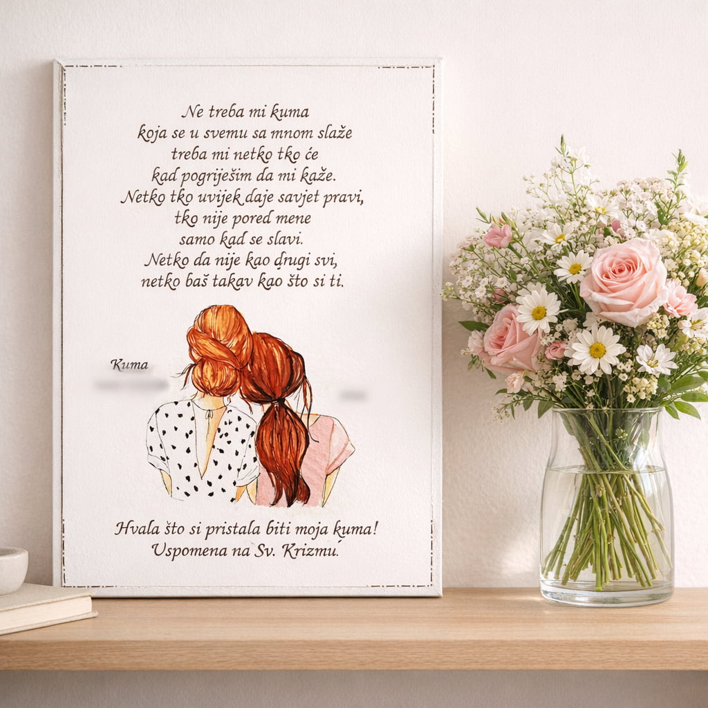 Personalizirana slika za kumu s rukom pisanim tekstom, postavljena na drvenu policu uz vazu s cvijećem – uspomena na svetu krizmu.