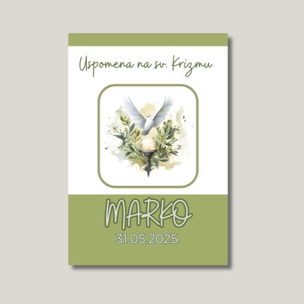 Zahvalnica za krizmu zelena s kaležom svijećom i golubicom