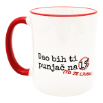 Bijela šalica s crvenom ručkom i natpisom Dao bih ti punjač na 1% to je ljubavni poklon za Valentinovo.