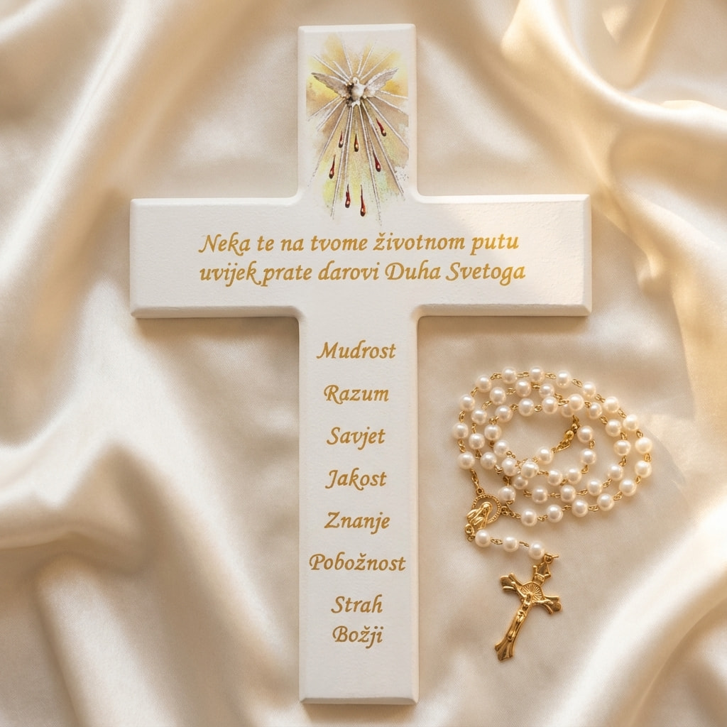 Pokloni za krizmu drveni križ i krunica