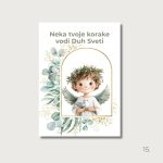 Magnet za prvu pričest dječak s golubicom u zelenom cvjetnom vijencu