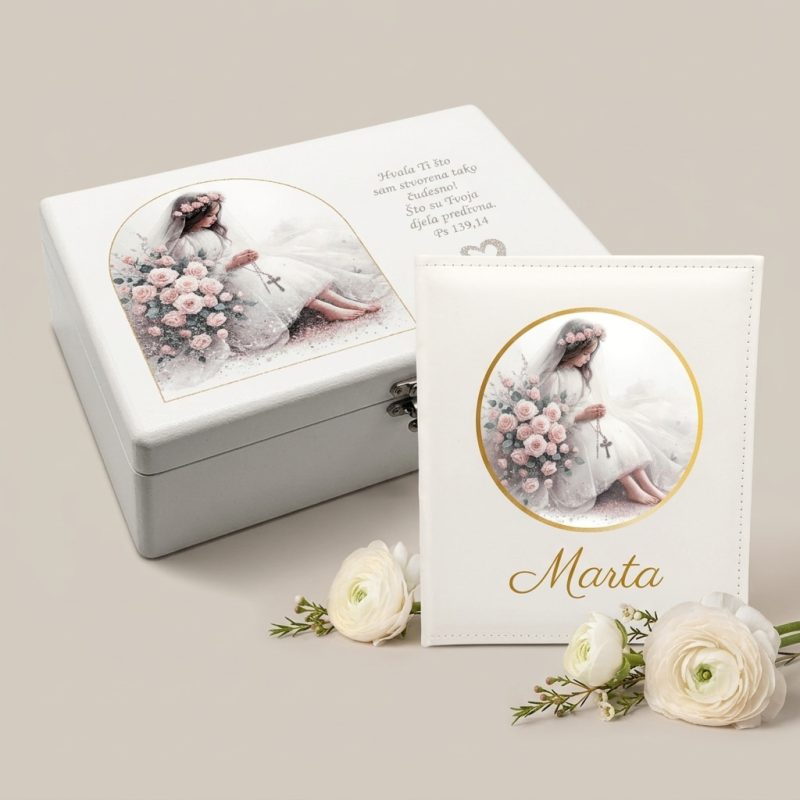Set za Prvu pričest – kutija uspomena i personalizirani foto album s motivom djevojčice i ručno pisanim tekstom