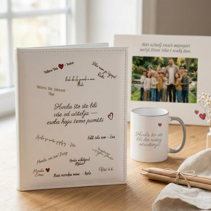 personalizirani set za učitelja s fotoalbumom, šalicom i okvirom za fotografiju kao poklon za kraj školske godine